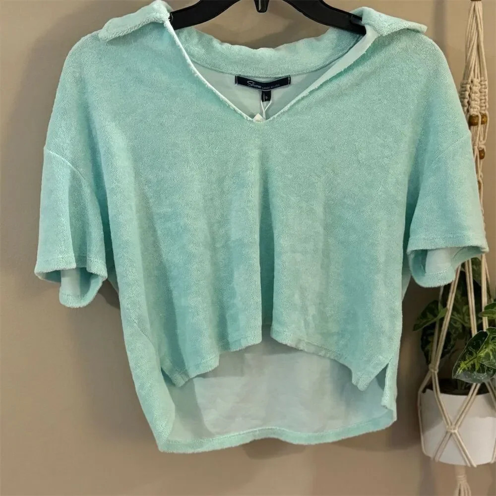 Shore‎ Women's Minty Terry Crop Top V-Neck Short Sleeve Size S Green